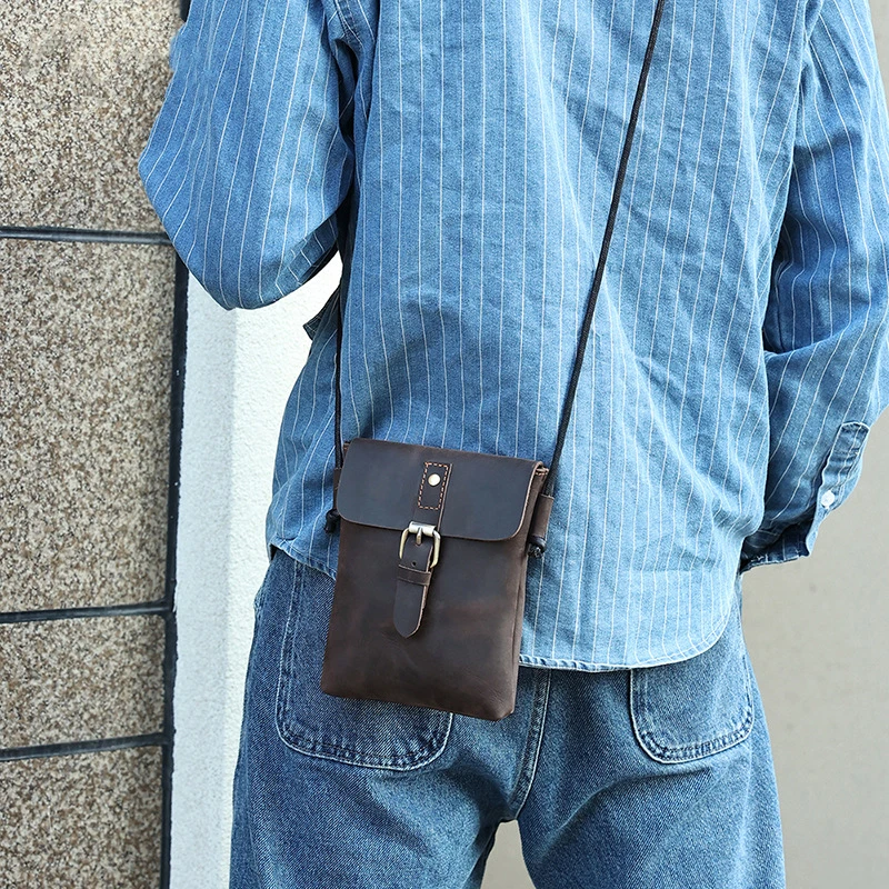 New Men's Leather Small Shoulder Bags Wallet Card Holder Messenger Bags Crazy Horse Cowhide Men's Mobile Phone Bag