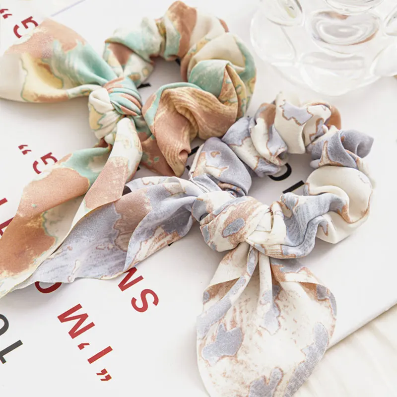

Fashion Leopard Spot Tie-dye Chiffon Bow Scrunchies For Women Satin Rabbit Ear Elastic Hair Bands Hair Ties Hair Accessories
