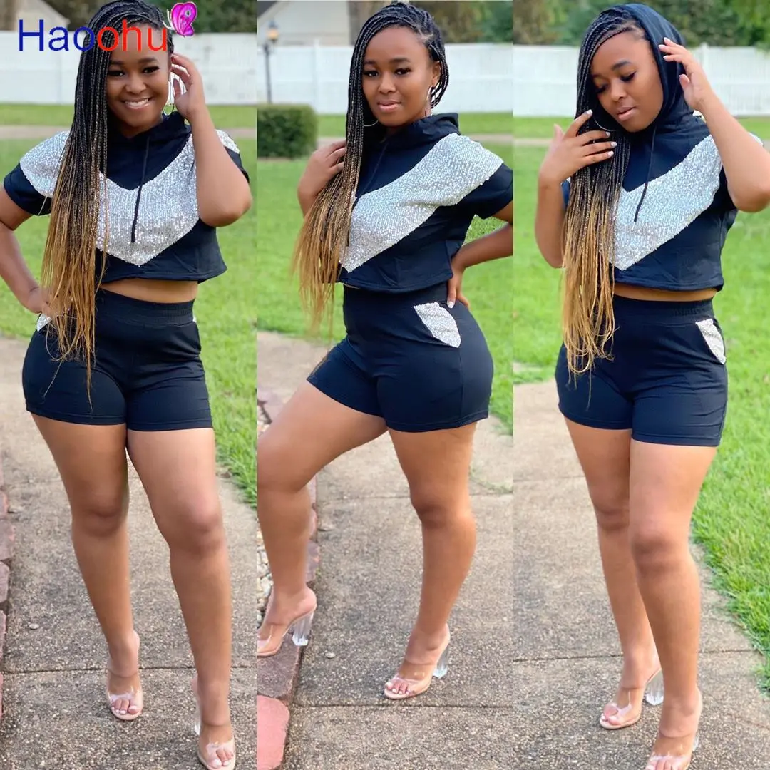 

HAOOHU Sexy Summer Women Two Pieces Sets Tracksuits Sequined Short Sleeve Tops Suit Fitness Sporty Shorts Club 2 Pcs Outfit