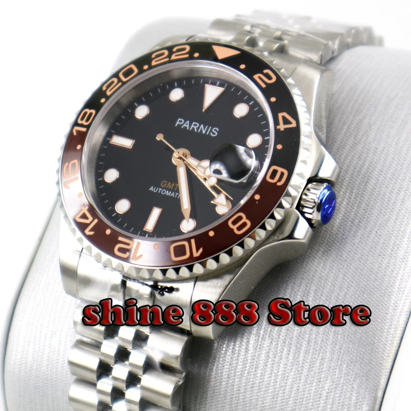 

40mm PARNIS black dial black coffee ceramic bezel jubilee strap Sapphire glass GMT automatic mens watch