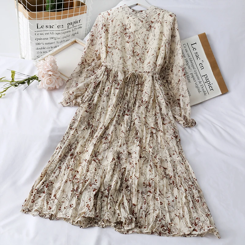 Элегантное шифоновое ретро платье с цветочным принтом и шнуровкой в Корейском