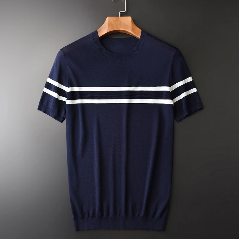 

Мужские новые летние футболки, роскошные вязаные мужские футболки с коротким рукавом, женская черная темно-синяя футболка с круглым вырезо...