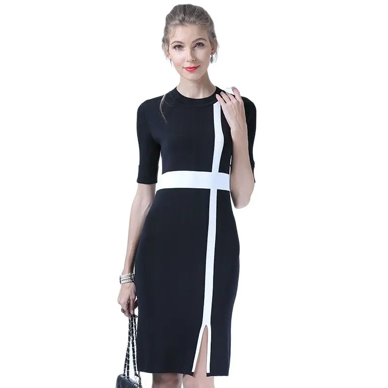 XIKOI Casual Knitting Dress Half sleeve Black O-Neck Fashion Graceful Knee-Length Split Ladies Women's dresses