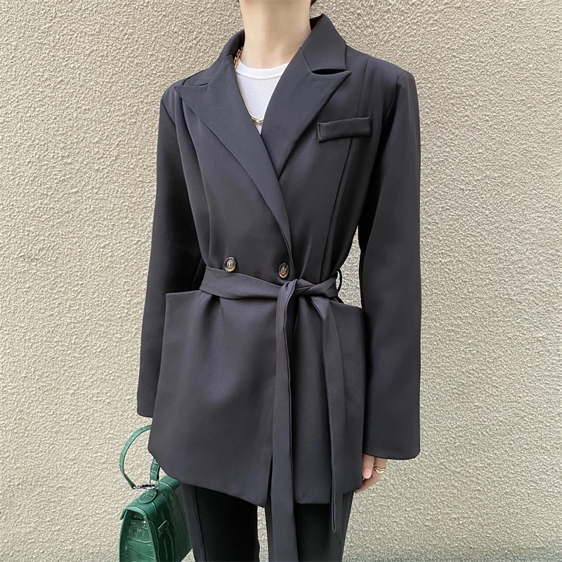 

HziriP OL Notched Minimalist Double Breasted Solid Blazer Coat 2021 New Lace-up Formal Long Sleeve Women Blazers Suit Jacket