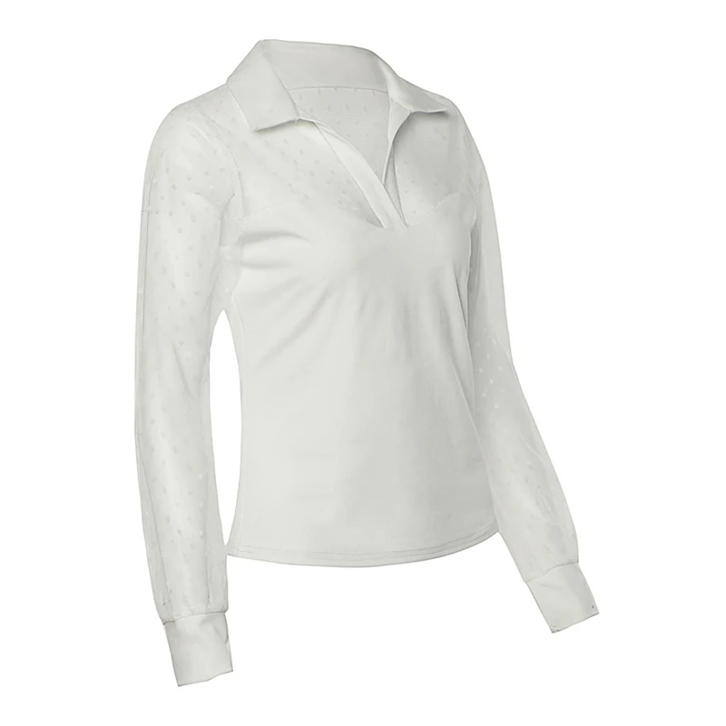 

Women Mesh Sheer Blouse See-through Long Sleeve Top Shirt Blouse Fashion Lace Transparent White Shirt Female Blusas