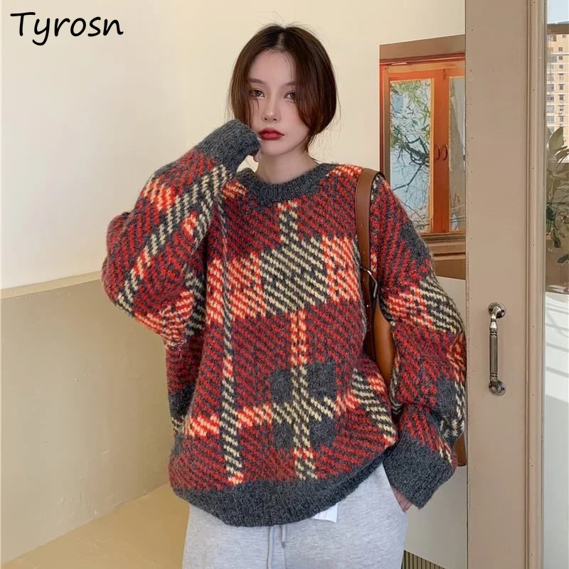 

Пуловер с рисунком «гусиные лапки», женские теплые зимние простые свободные винтажные Джемперы в клетку со вставками, свитеры, вязаная одеж...