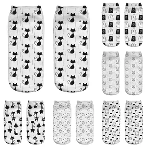 Новинка, женские модные хлопковые короткие носки с 3D принтом, милые мягкие детские летние белые низкие носки в стиле Харадзюку С мультяшным котенком