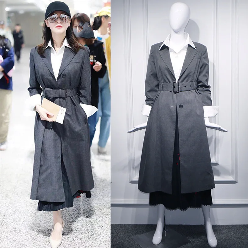 Серое пальто для женщин 2019 элегантное однобортное приталенное с отложным