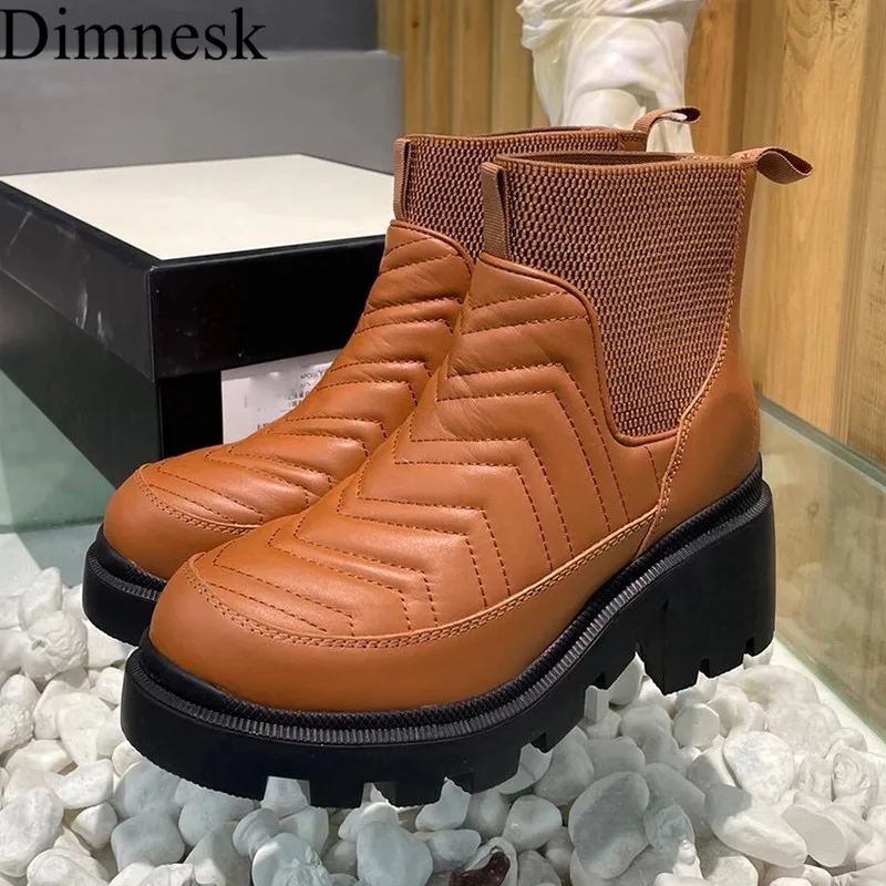 

Autumn Chunky High Heel Martin Boots Women Real Leather Thick Bottom Sewing Elastic Band Ankle Botas Comfort Platform Shoes 2021