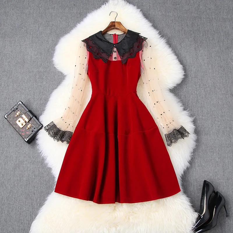 

Vintage 2020 Original Fall Winter Vintage Elegant Peter Pan Collar Dot Mesh Patchwork Velvet Above Knee Party Women Dress