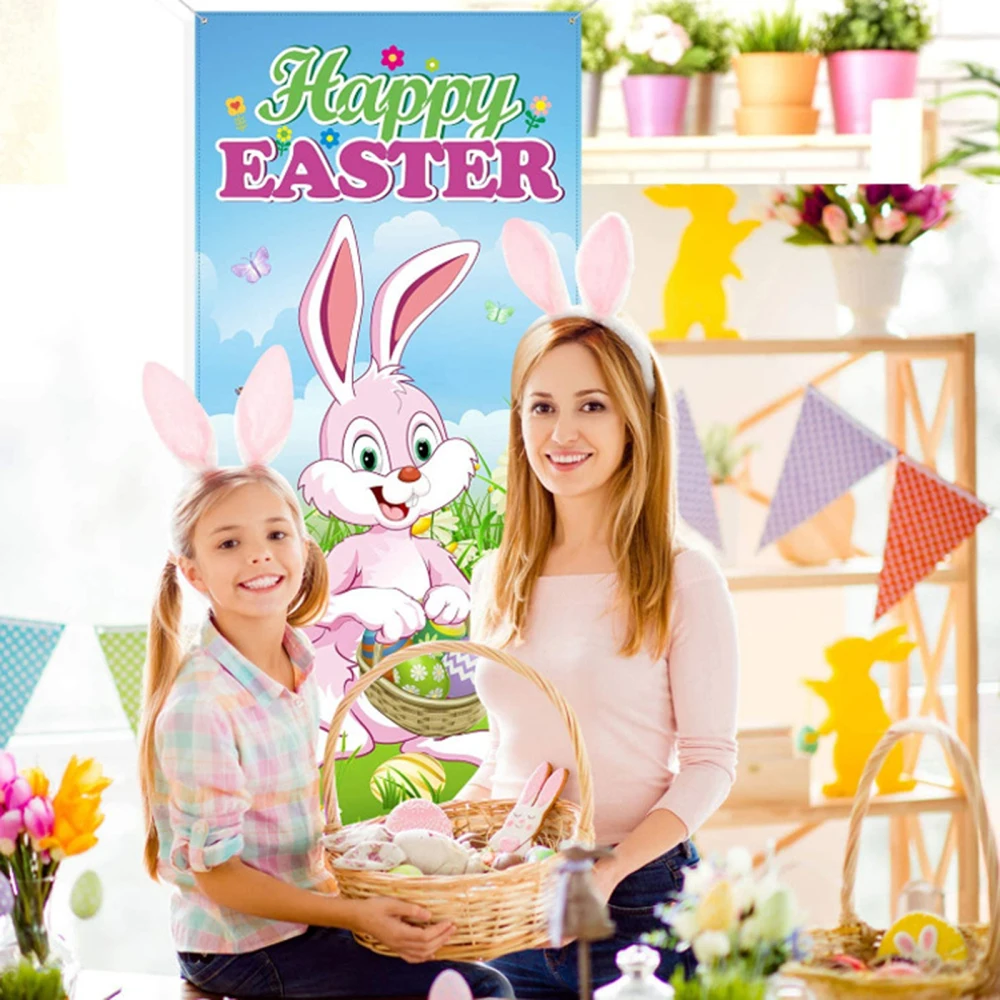 

Decorative Easter Banner Decoration 198x90cm 90*198cm 100D Polyester Fabric Outdoors For Spring Colorful Bunny Rabbit Flag