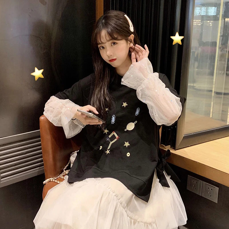 Ранняя осень женские свободные с длинным рукавом милые толстовки сетки Пряжа