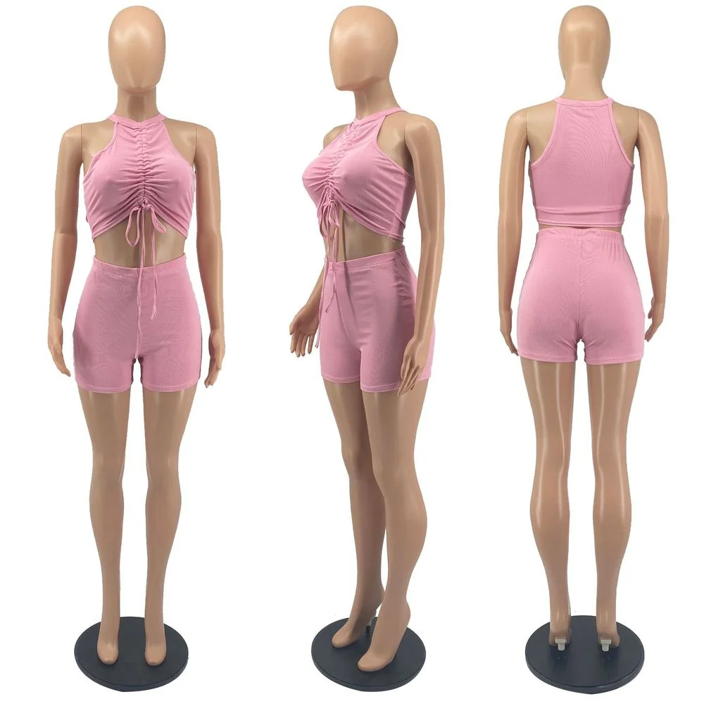 

Women Fitness Tracksuit 2 Piece Matching Sets Ruched Drawstring Slim Fit Crop Tops and Biker Shorts Elastic Hight Ribbed Outfit