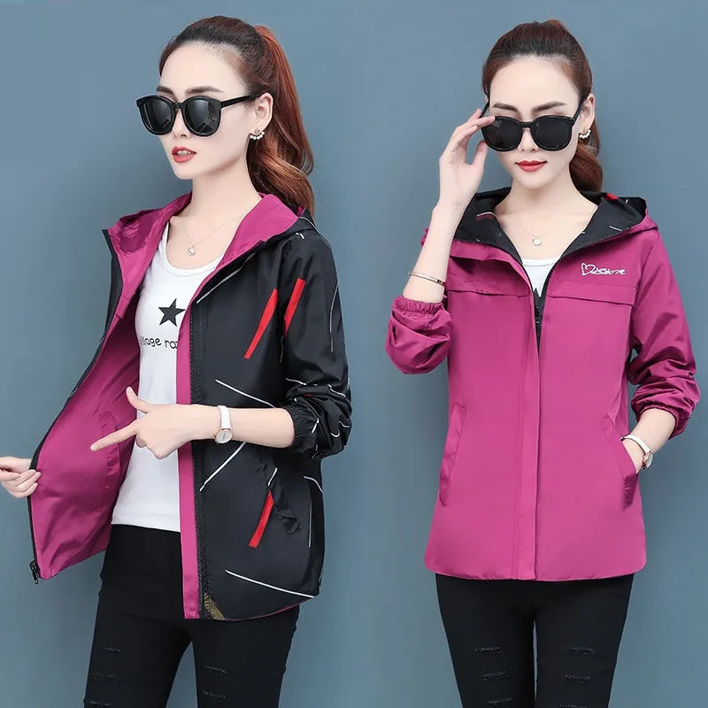 

2021 Spring Autumn Women Jacket fashion Hooded Two Side Wear Cartoon Print Outwear women Loose Coat female Windbreaker tops P369