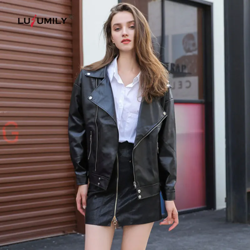 

Новинка 2021, Женская куртка Lusumily из искусственной кожи, черное свободное кожаное пальто, женские мотоциклетные куртки, женская уличная одежд...