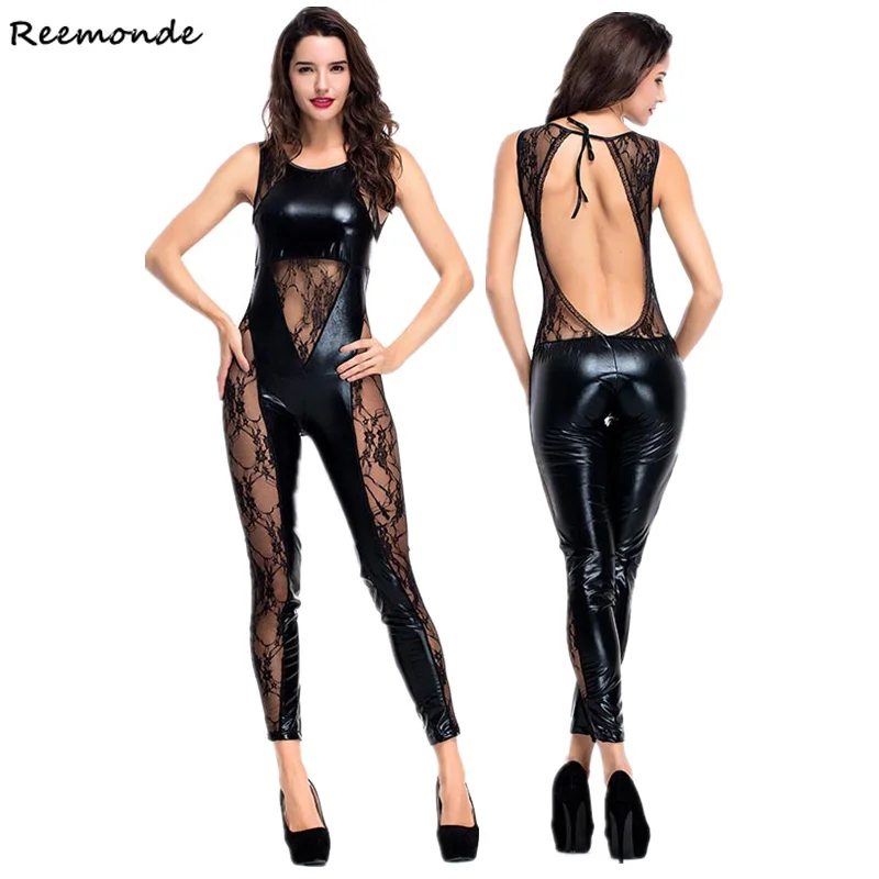 

Adult Women Sexy Black Naked Back Jumpsuit Synthetic Leather Catsuit Jumpsuit Bodysuits With Whip Halloween Fancy Costumes