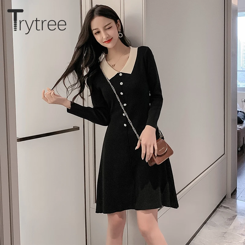 Ttytree осеннее зимнее женское Повседневное платье с отложным воротником