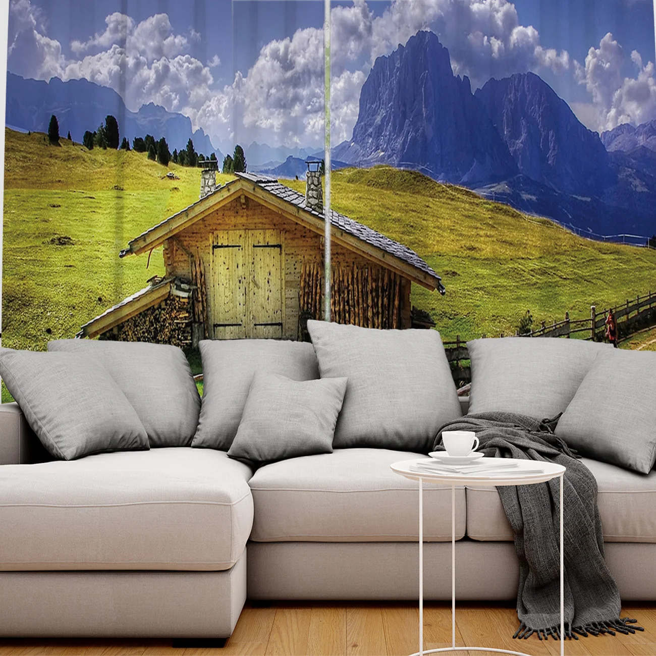Grassland Cabin Pedestrian Mountains Sky Clouds Window Curtains Scenic for Living Room Decorative Items | Дом и сад