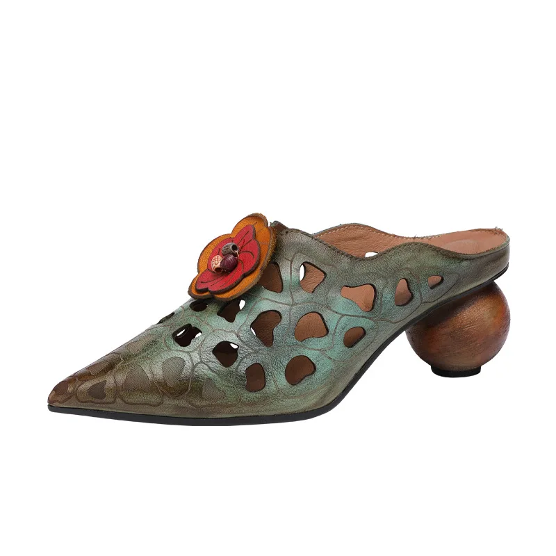 

Johnature Genuine Leather Retro Women Slippers Summer Shoes Floral 2012 New Outside Slides Hollow Sewing Handmade Slippers