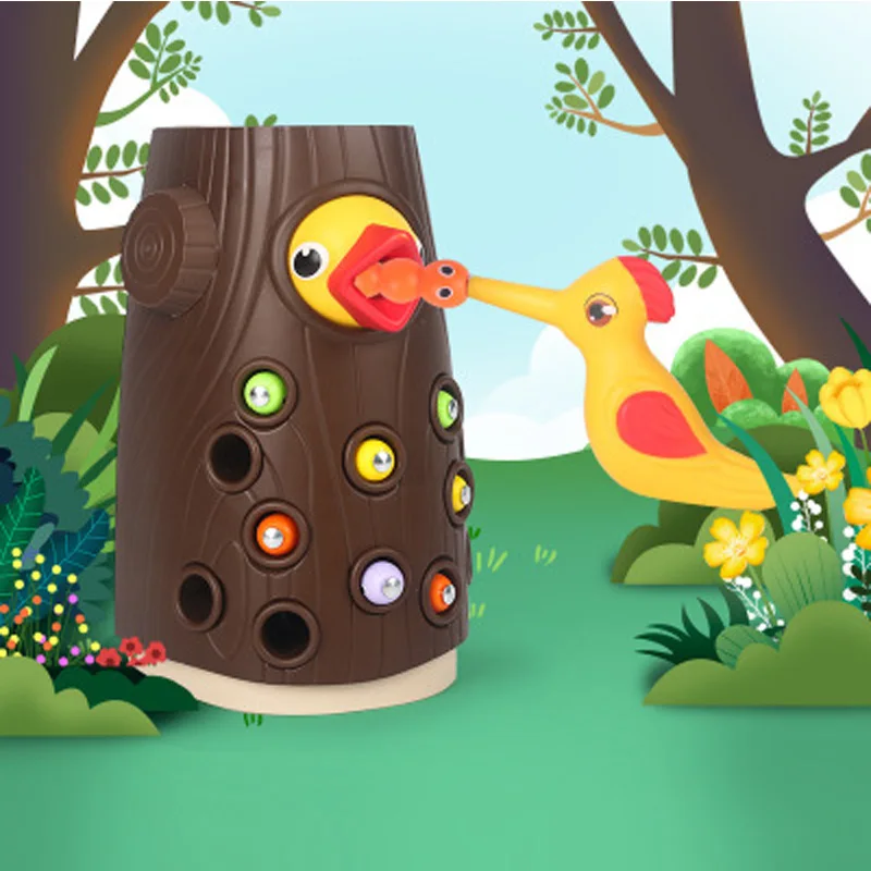 Wooden Woodpecker Magnetic Bug Catching Game Educational Toy for Kids Baby Feed