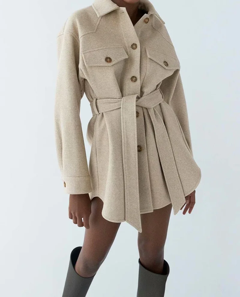 

Женский шерстяной Тренч с поясом, свободное винтажное пальто с длинным рукавом и боковыми карманами, женская верхняя одежда, шикарное пальт...