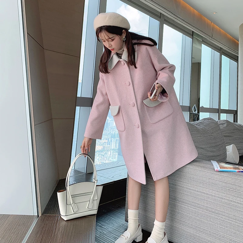 Женское шерстяное пальто Mishow однотонное розовое однобортное с отворотами модель