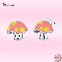 bamoer genuine 925 sterling silver cute mini mushroom stud earrings fashion plant ear studs for women fine all match jewelry