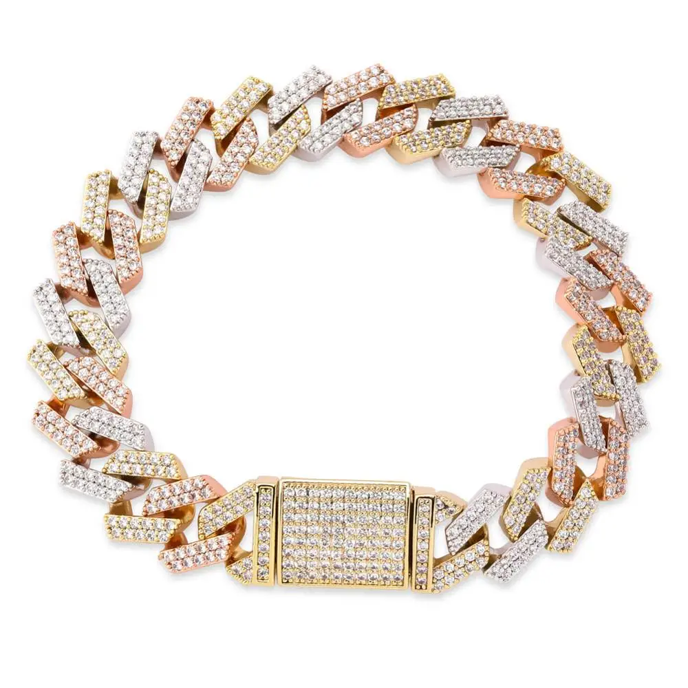 Tricolor Цзинао 14 мм замок застежка кубинская ссылка 7-9 дюймов браслет Iced Out AAA кубический циркон Bling хип хоп мужские ювелирные изделия подарок - Окраска металла: Tricolor