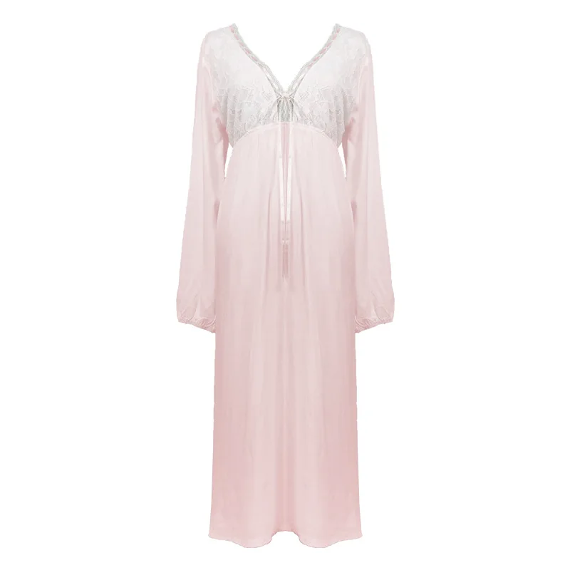 100% Cotton Long Sleeve Women Nightgown Sexy Backless V-neck Long Skirts Spring Summer Robe Elegant Loose White Pink Nightdress