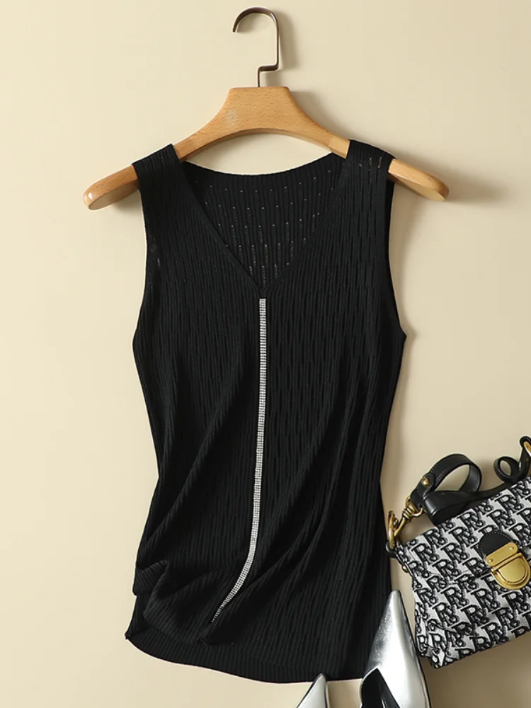 

Solid Knitted Women T-Shirts Summer New 2021 V-Neck Sleeveless Elegant Office Lady Pulls Outwear Tops Tees