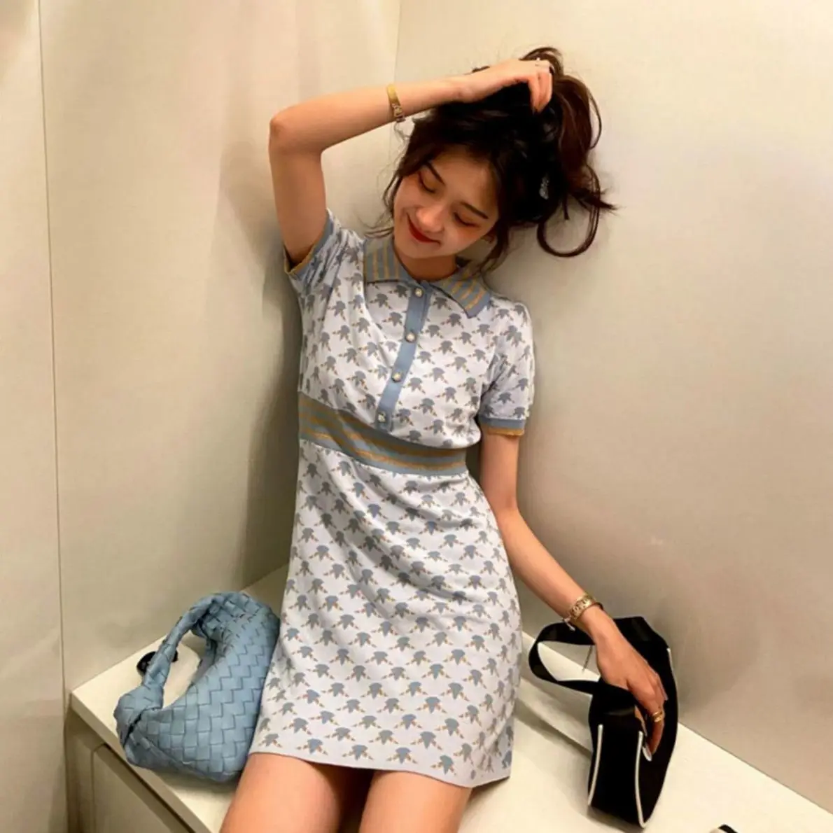 

Dress Waist Slimming Temperament Summer 2021 New Women's Haze Blue Polo Collar Knitted Skirt