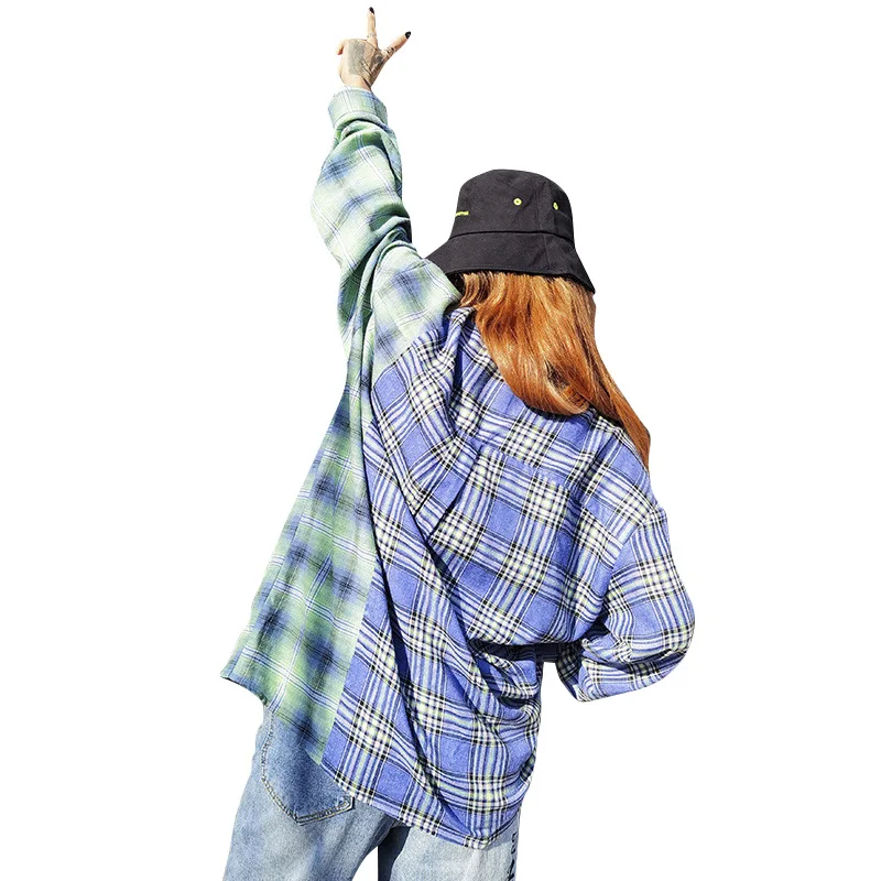 

2021 Spring New Hip Hop Shirt Loose Fashion Tops Blue Plaid Patchwork Hot Brand Design Girls Korean Style Gothic Streetwear