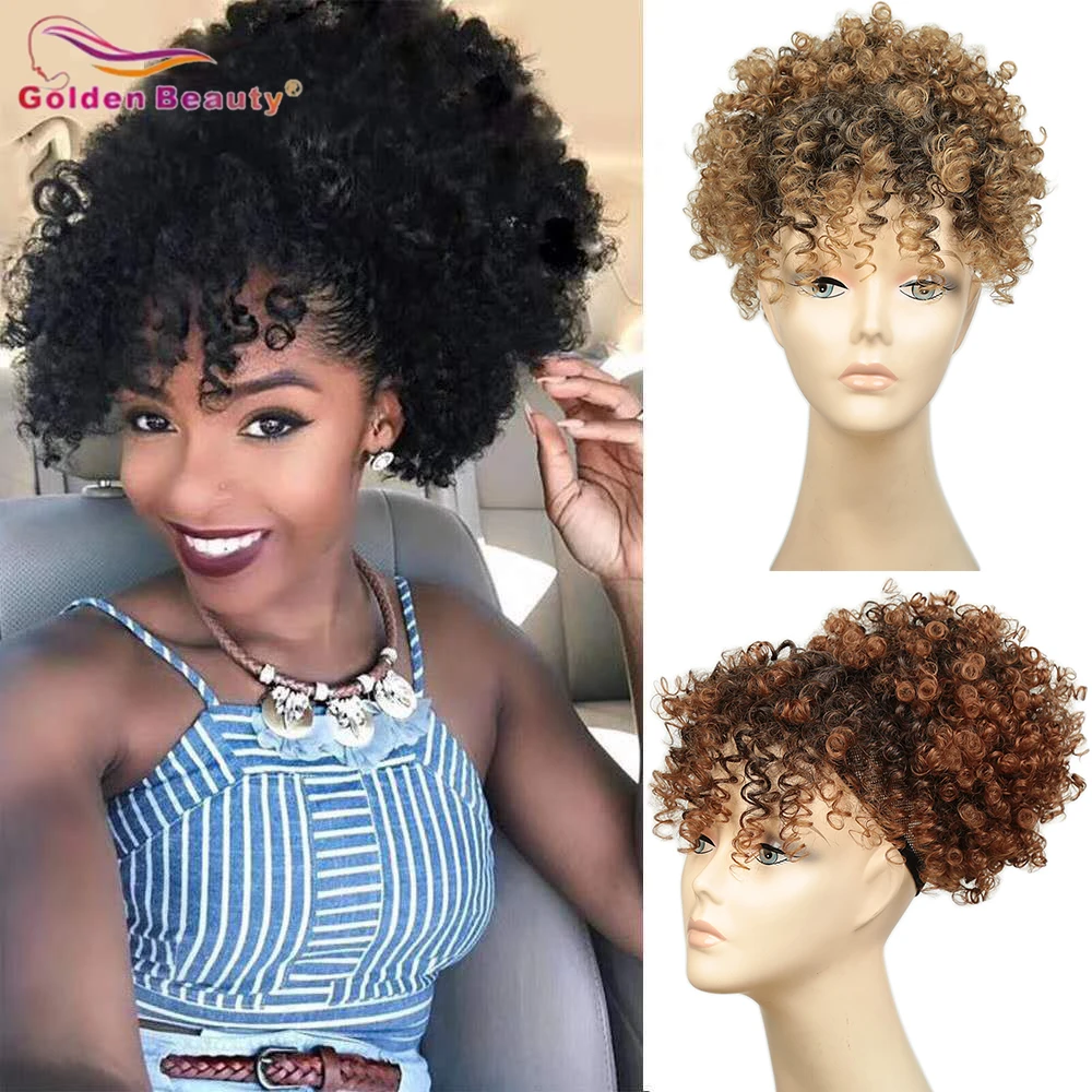 

Hair Bun With Bangs Afro Short Chignon Natural Fake Synthetic Puff Clip In Hair Extensions Drawstring Ponytail For Women