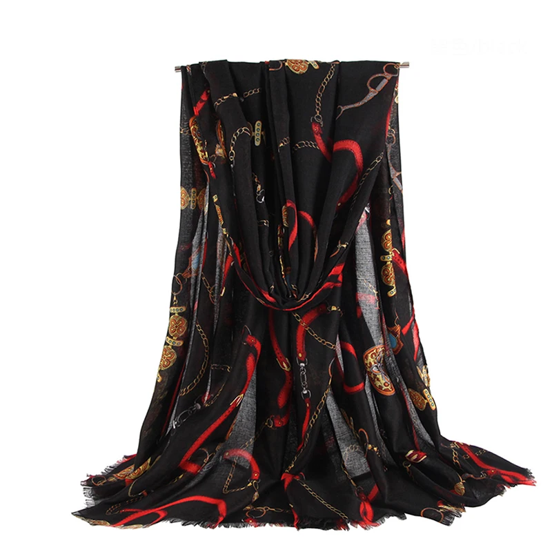 

2021 Women's Autumn and Winter Students New Satin Printed Chain Pattern Enlarged and Lengthened Cotton Scarf