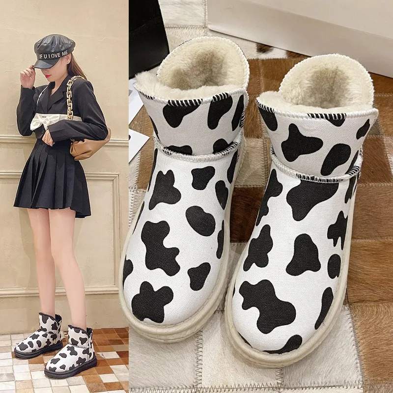 

Women Cow Color Platform Snow Boots Winter Plush Warm Flat Non-slip Short Boots Fashion Comfort Waterproof Female Ankle Boot New