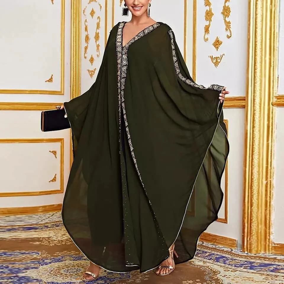 

Siskakia Kaftan Dress for Women 2020 Moroccan Dubai Turkey African Muslim Golden Thread Embroidered Beaded Abaya Chiffon Outsize
