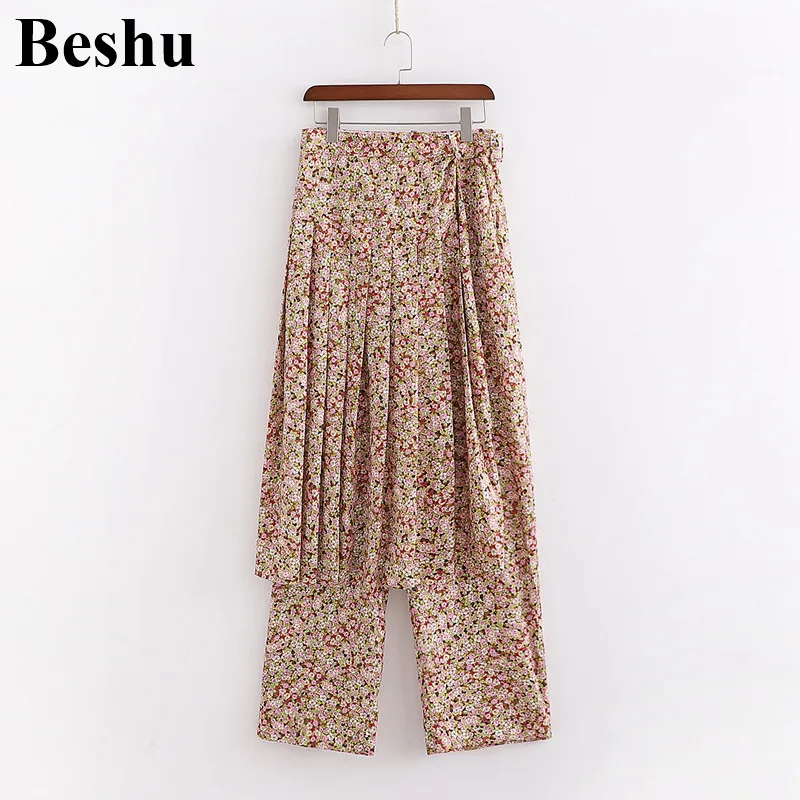 

za 2020 fashion two-piece women print pleated split skirt high waist pockets zipper placket sashes long pants splict chic mujer