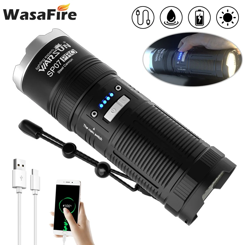 

Мощный светодиодный фонарик 13000LUX, COB лампа с бусинами, водонепроницаемый прожектор, широкое освещение, ксеноновый фонарь с функцией внешнег...