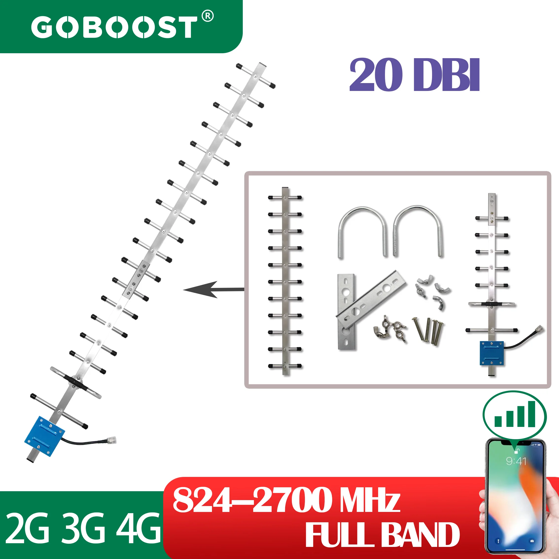 

GOBOOST 3g 4g Cellular Amplifier Network Outdoor Yagi Antenna 824-2700mhz Signal Boost For Internet 20DB LTE WCDMA 900 1800 2100