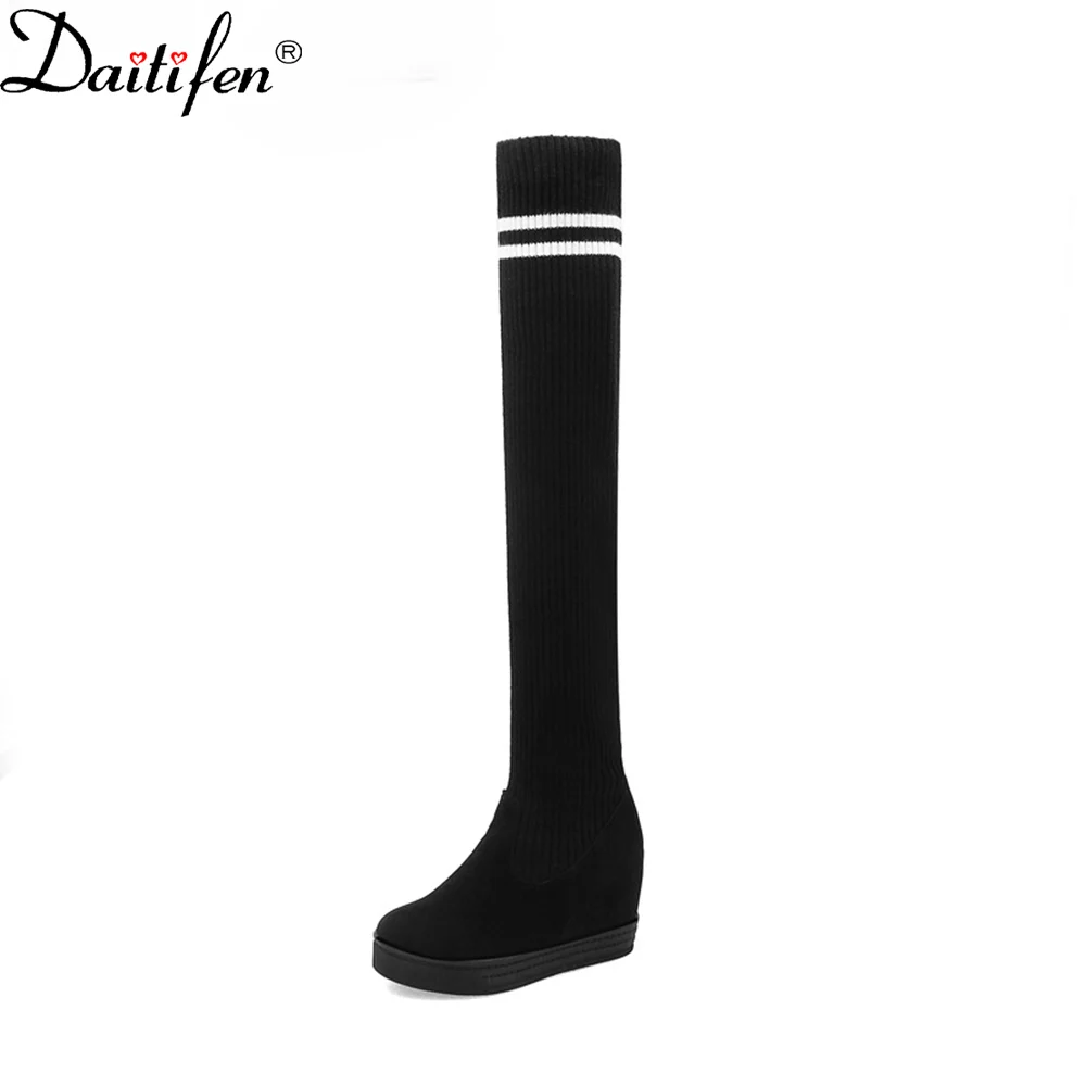 

Daitifen College Style Women Over The Knee Booots Platform Female Sock Boots Hidden Heel Ladies Winter Outdoor Shoes With Fur