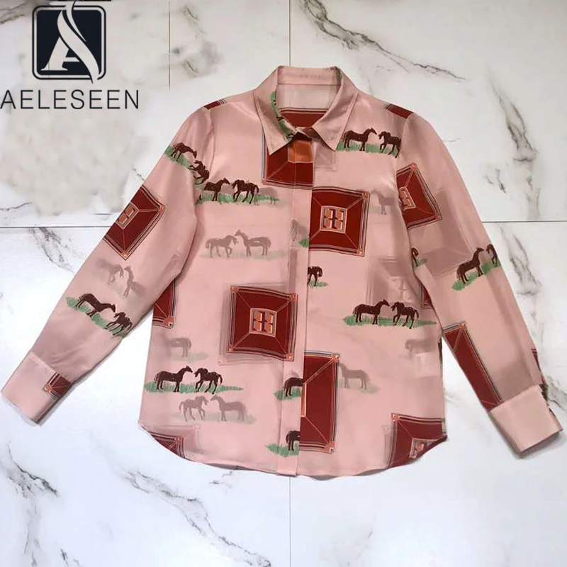 AELESEEN Luxury 100% Silk Blouses 2020 Runway Fashion Long Sleeve Horse Print Pink Party Holiday Office Ladies Blouse Top