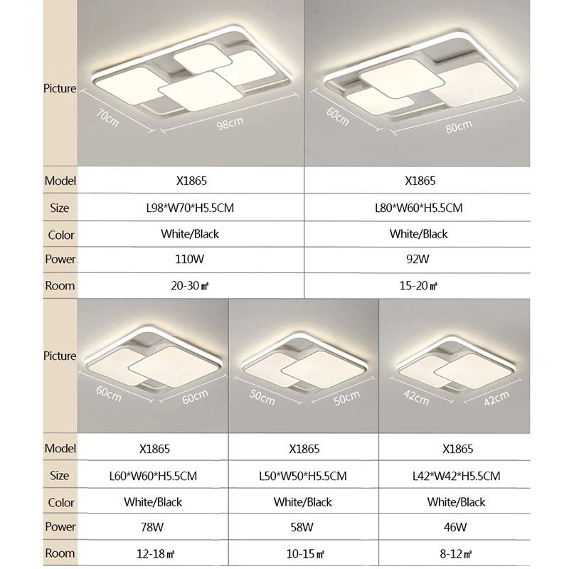 

Rectangle modern led ceiling lights for living room bedroom study room white or black 95-265V square ceiling lamp with RC