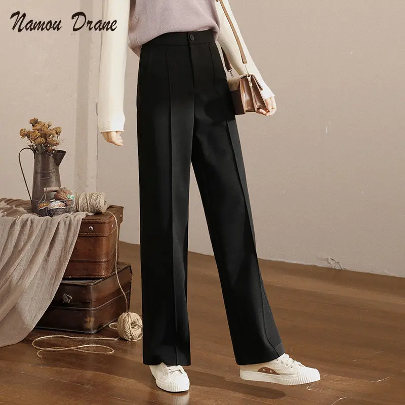 

Namou Drane Woolen Pants Women's 2021 New High-waist Wide-leg Pants Loose Casual Straight-leg Pants Were Thin and Mopping Pants