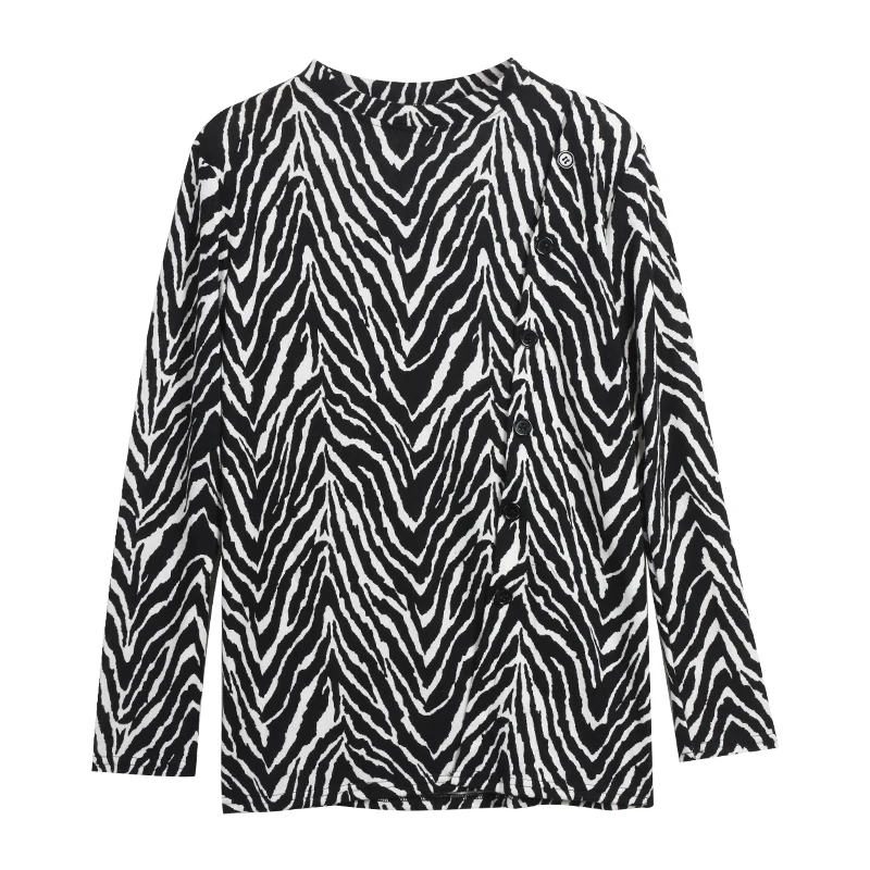 

Mid-Long t-Shirt Women Winter Fall New Fashion Split Slim Fit Zebra Print Chic Pullover Tee Female Sexy Skinny Asymmetrical Tops