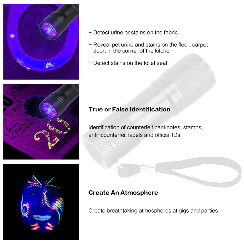 LED UV Flashlight 395nm 9 LEDsPortable Mini Small Torch Detection Light Violet Black | Лампы и освещение