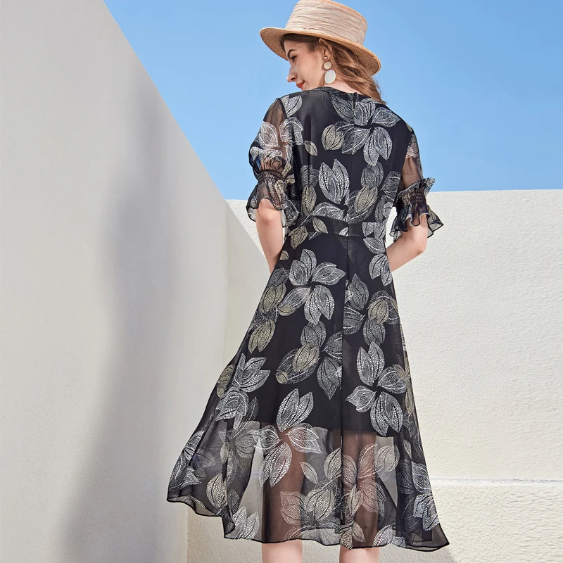 

100% Silk Women's Runway Dresses O Neck Short Sleeves Floral Printed Fashion Casual Holiday Summer Dresses