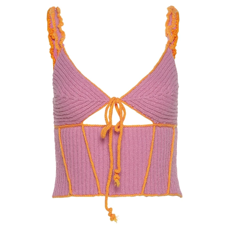 

Women Sexy V-Neck Hollow Out Camisole Contrast Color Knitted Ruffles Crop Top