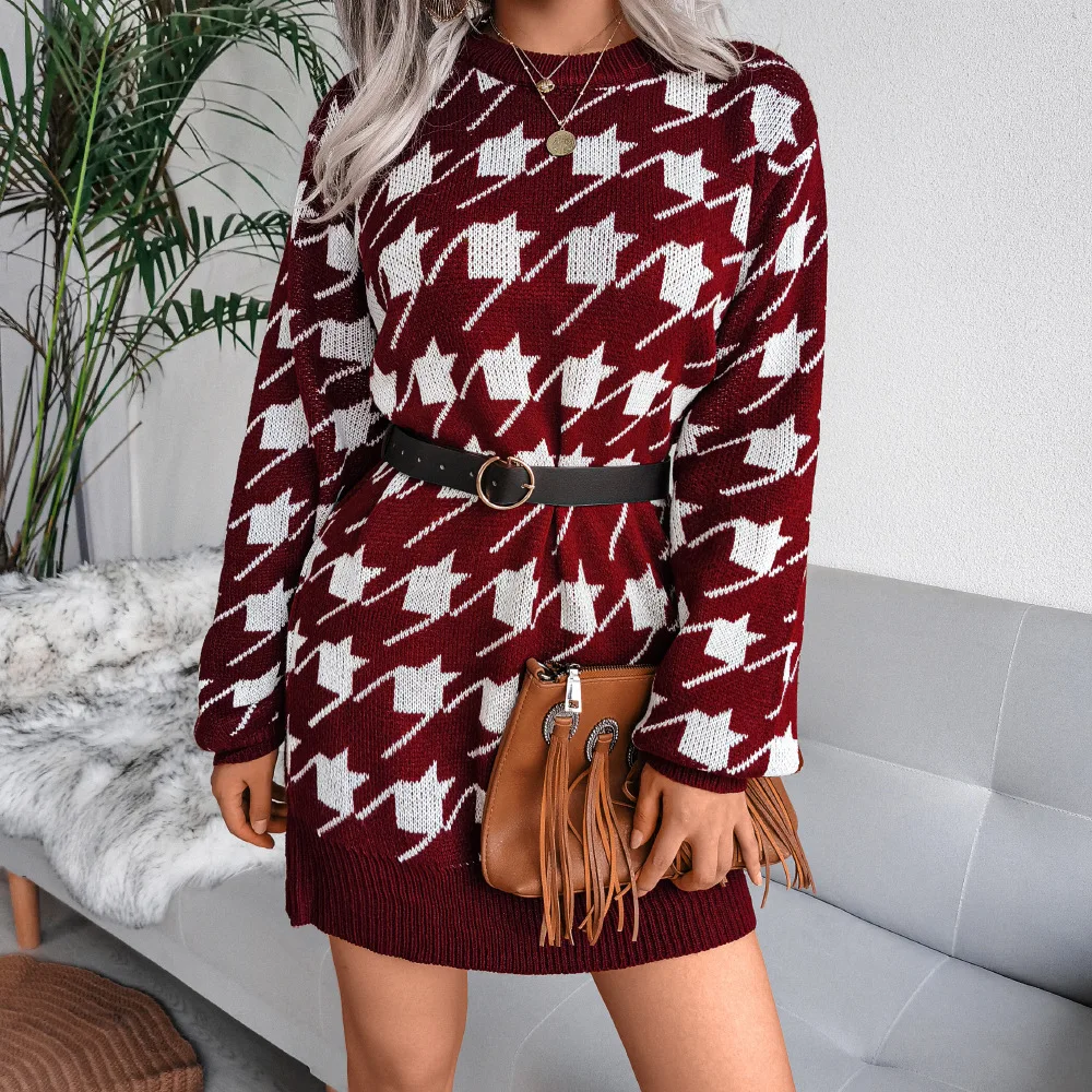 

Luxury Jacquard Knit Mini Women Striped Dress Winter A Line Sweater Dress O neck Thick Warm Christmas Party Midi Dress