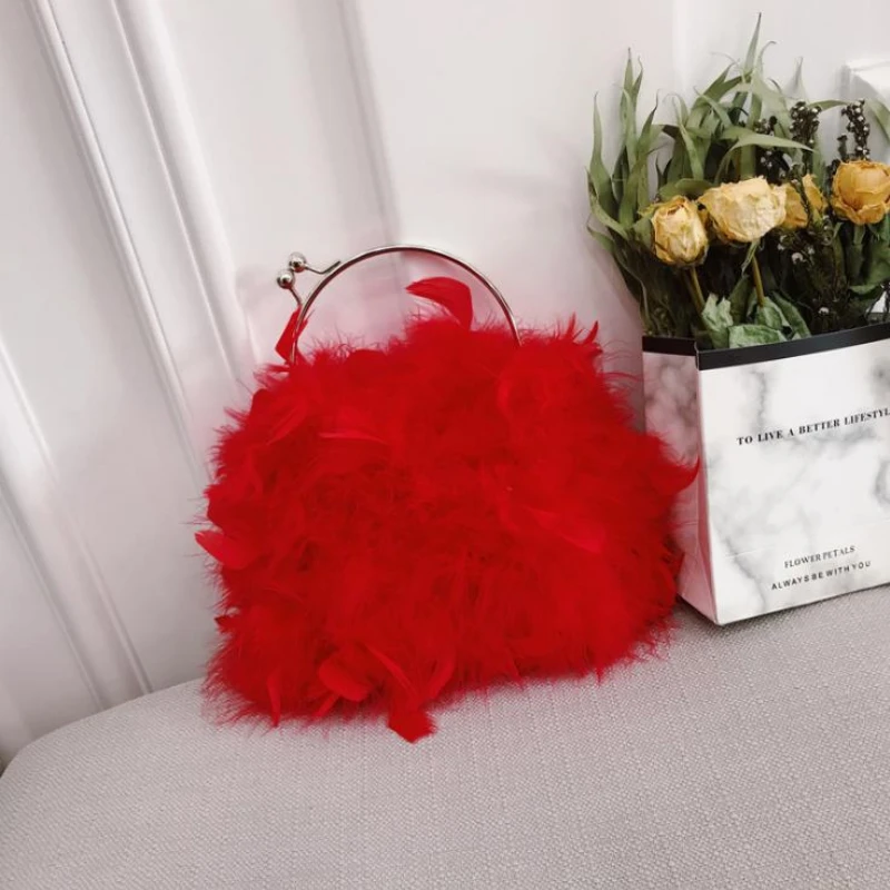 

Feather Clasp Bag White Fur Handbag Ostrich Feather Luxury Women Purse 2020 Winter Sac De Luxe Femme Marque Sac A Main