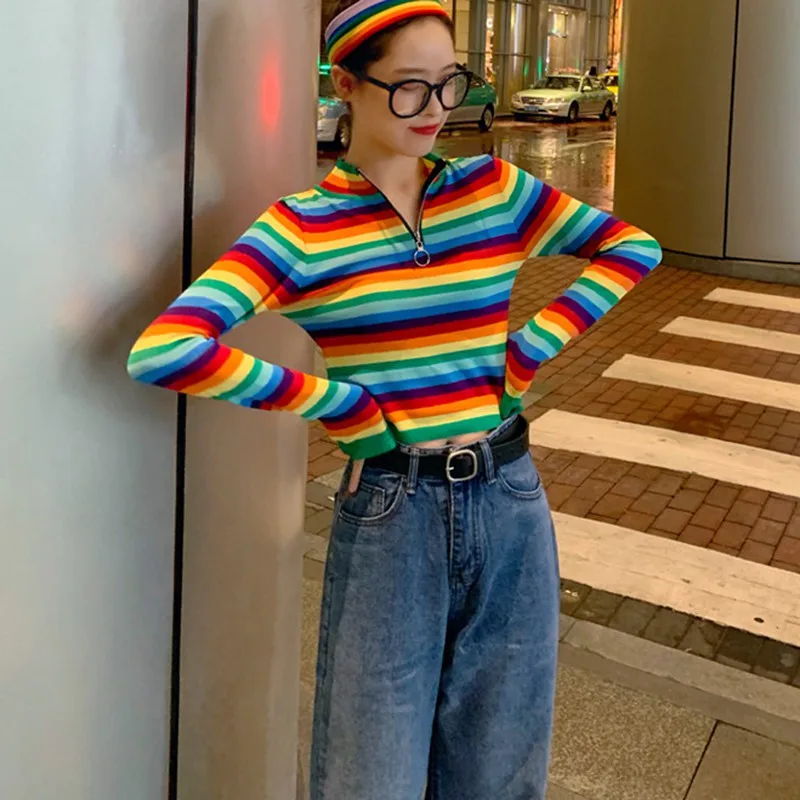 Women Sweaters Korean Style Rainbow Stripes Print Sweater Slim Long Sleeved half-high Collar Bottom Knit S1 New | Женская одежда